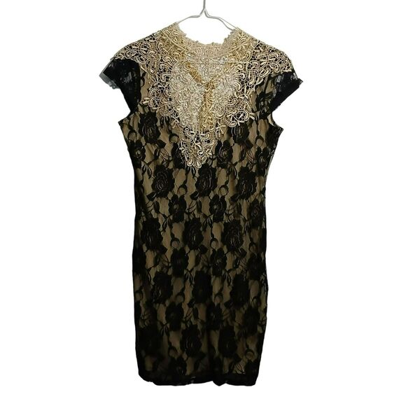 Elegant Minerva Women L Black Lace Overlay High Neck Fitted Dress Y2K - Picture 1 of 9